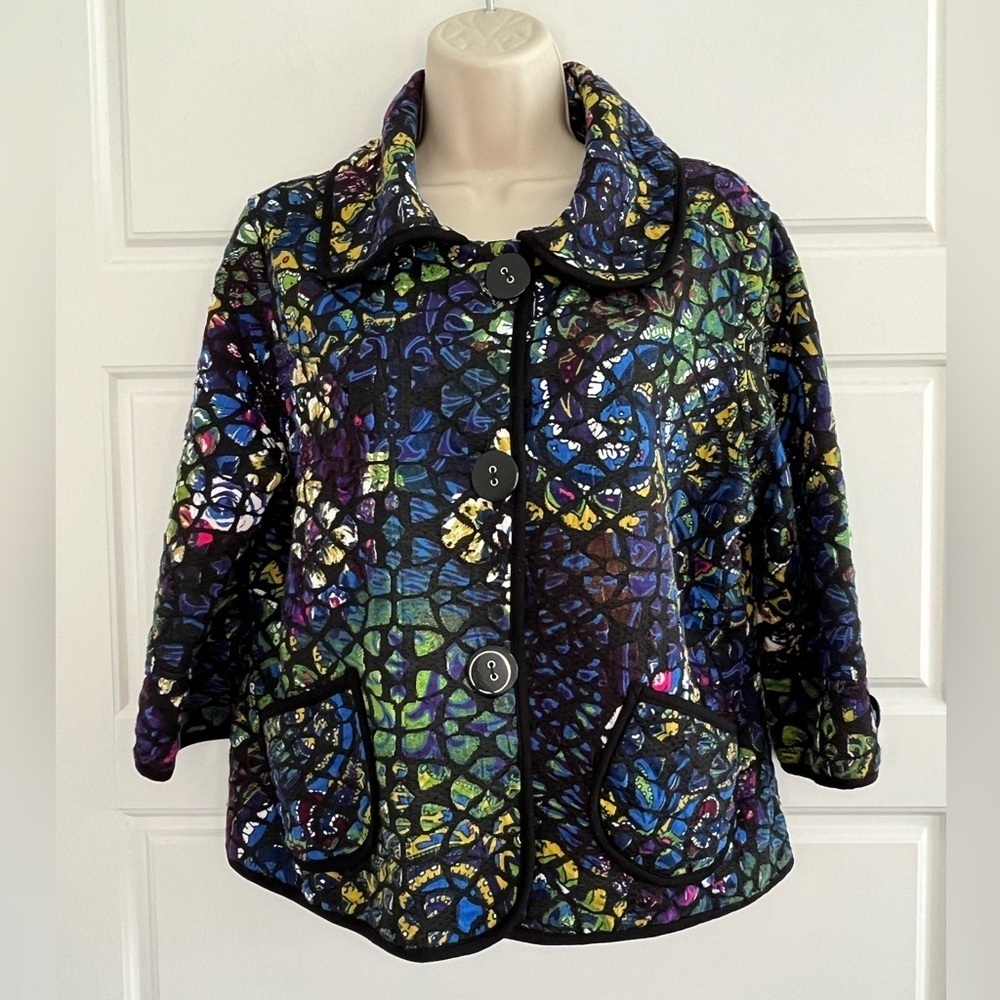 Multiples Colorful Abstract Button Front Cropped Blazer Jacket Art To Wear Sz PM